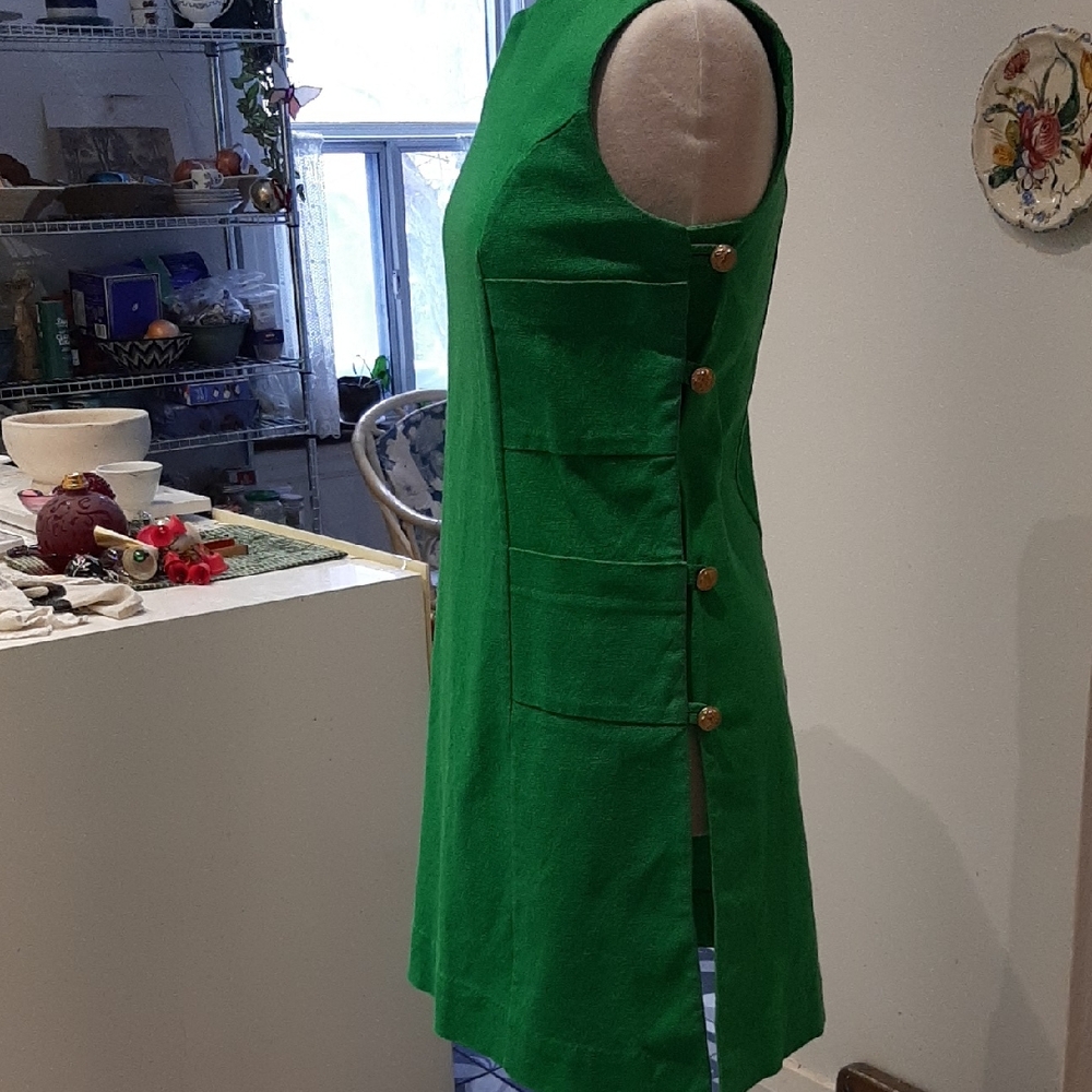 Vintage 60s Cole of California Green Linen Dress Brass Side Buttons 37" Bust